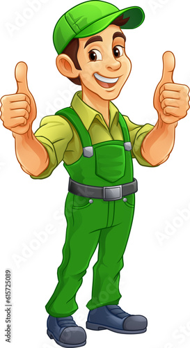 A painter, handyman, mechanic, plumber or other construction cartoon mascot man in overall dungarees. Giving a thumbs up.