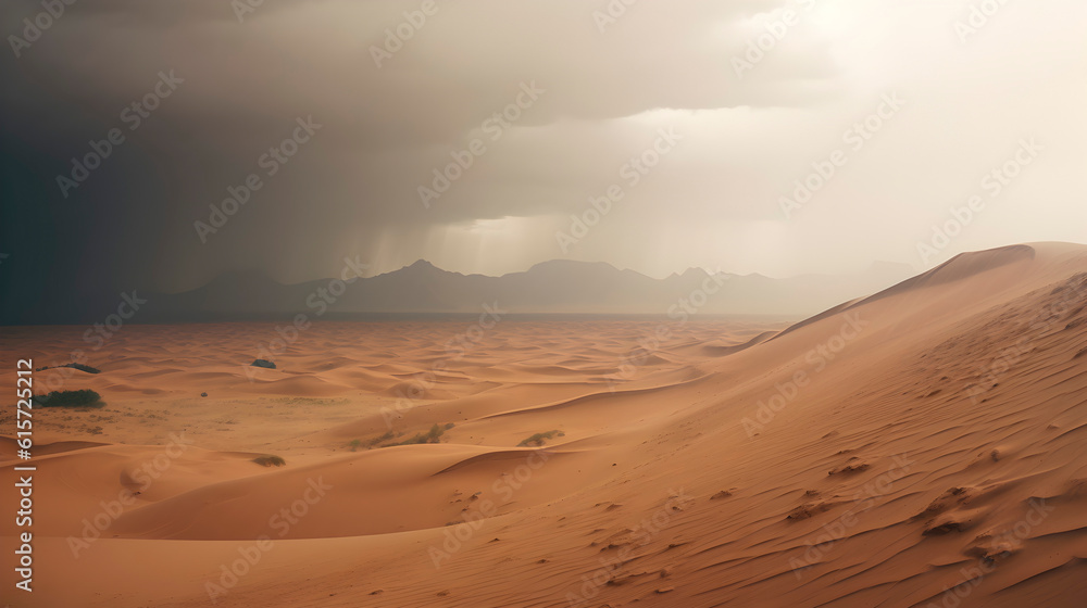 A rainy day in the hot desert with sand dunes