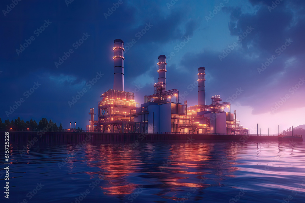 Fototapeta premium Aerial top view industry petroleum station with beautiful sky background, gas and oil refinery tank for process, Manufacturing of industrial with Generative AI.