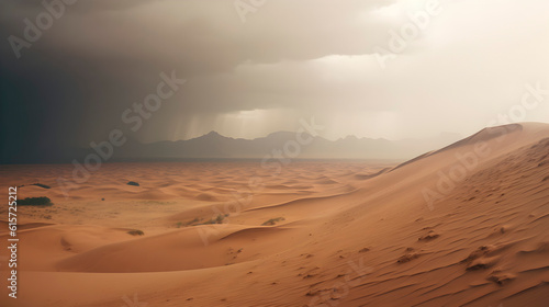 A rainy day in the hot desert with sand dunes