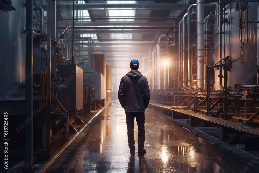Obraz premium a man on a factory floor is walking through the factory with Generative AI
