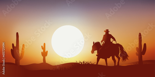 Concept du cowboy solitaire sur son cheval, qui galope en plein désert au milieu des cactus devant un coucher de soleil. photo