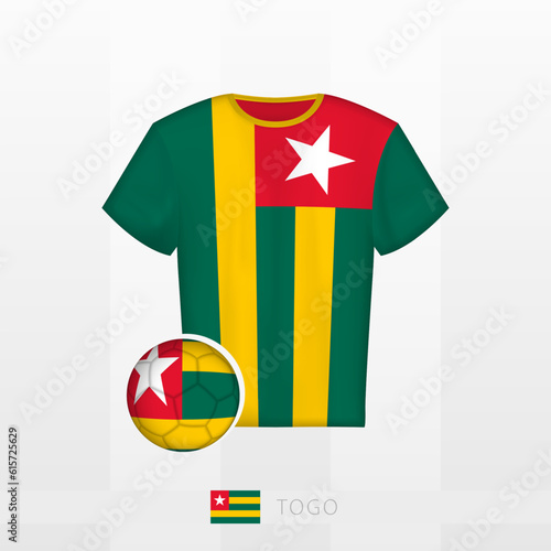Football uniform of national team of Togo with football ball with flag of Togo. Soccer jersey and soccerball with flag.