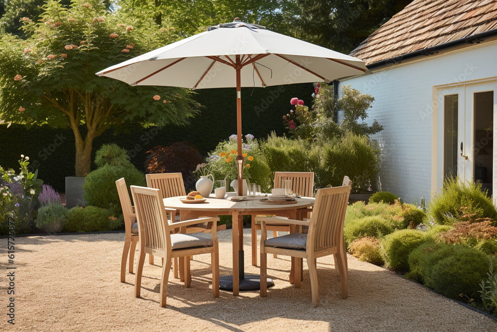 Terrace with wooden Chairs and Table. Beautiful Parasol. Garden with House and Green in the background. Umbrella