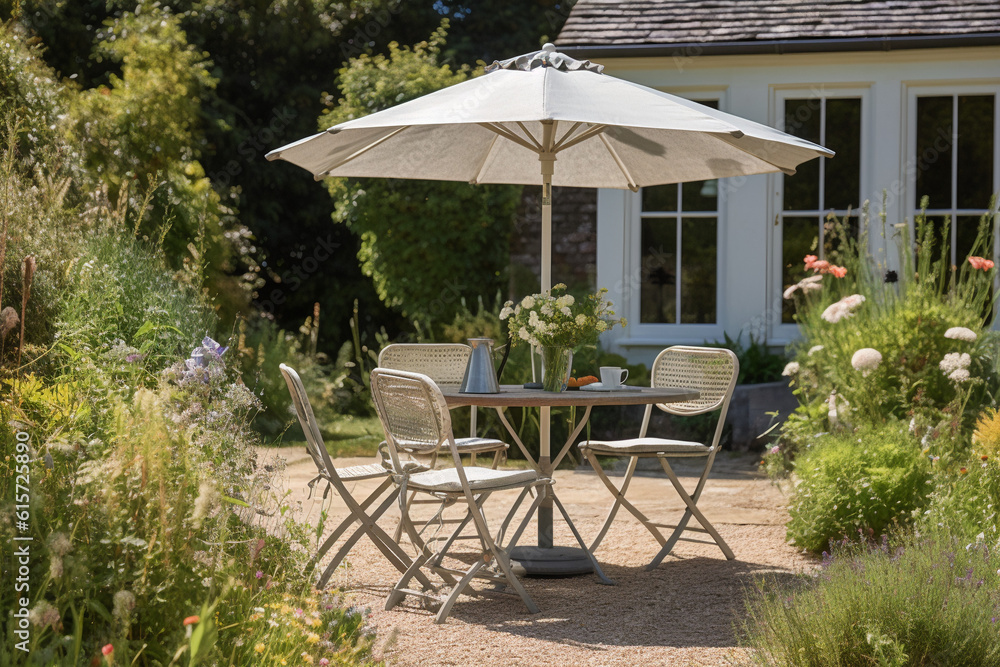 Terrace of a House with Garden Furniture and Parasol Umbrella