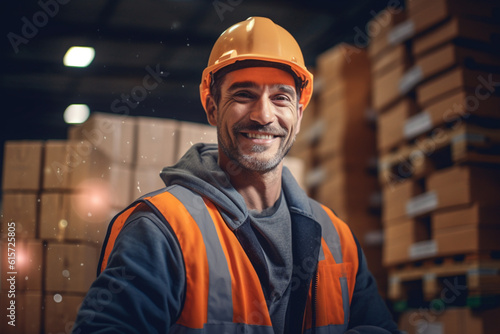 happy construction worker holding boxes in warehouse with Generative AI