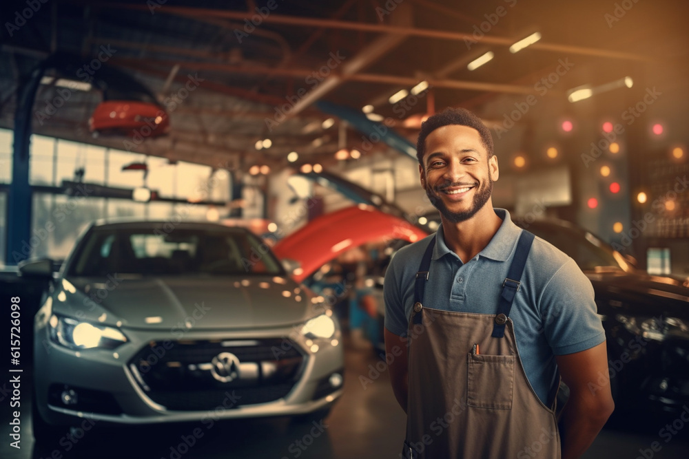 a happy mechanic inspecting a car in a service center with Generative AI a happy mechanic inspecting a car in a service center with Generative AI