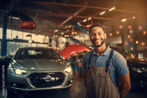 a happy mechanic inspecting a car in a service center with Generative AI