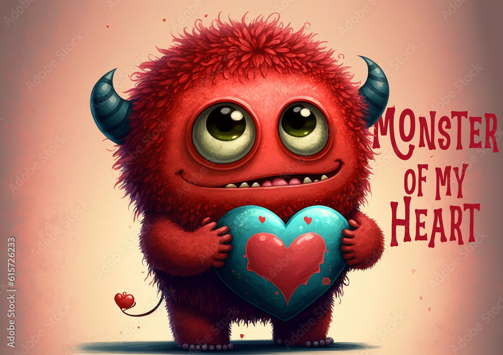 Valentine Monster, Postcard Design A5 Created with Generative AI Tools