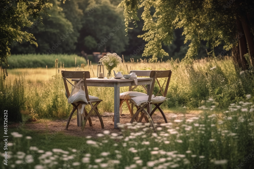Table and chairs in a garden, romantic setting