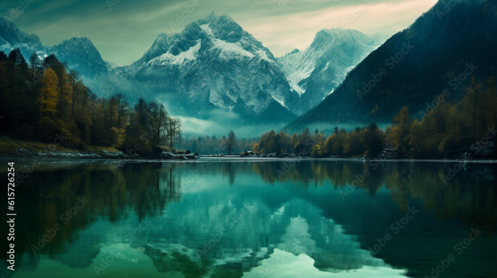Naklejka premium Beautiful lake jasna in kranjska gora with visible reflections of Razor and Skrlatica in the water. generative ai