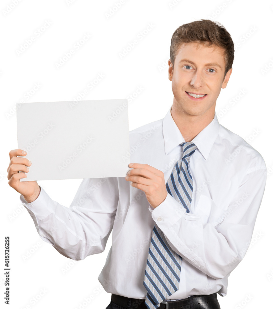 young professional holding a blank banner young professional holding a blank banner