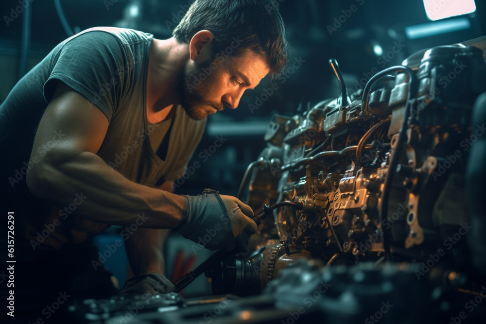 mechanic fixing car engine in a service center with Generative AI mechanic fixing car engine in a service center with Generative AI