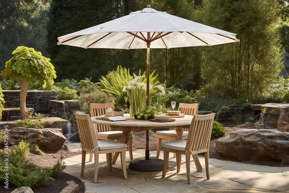 In the garden a table and chairs with a parasol in summer or spring