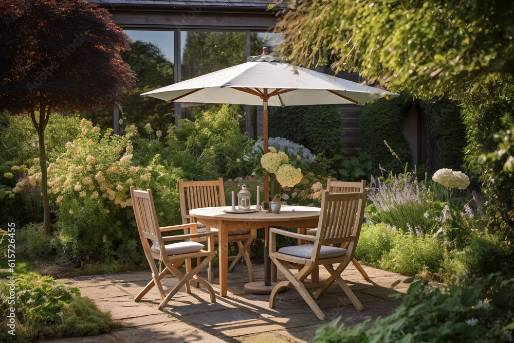 Parasol with table and chairs on Patio Terrace in Garden - House in background