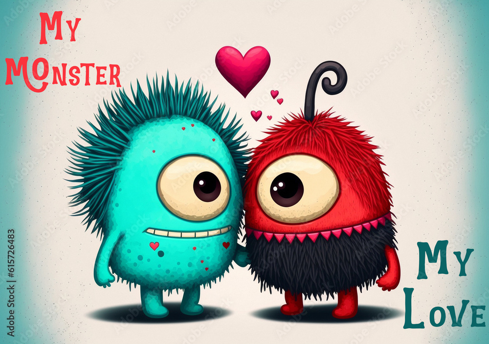 Valentine Monsters, Postcard Design A5 Created with Generative AI Tools