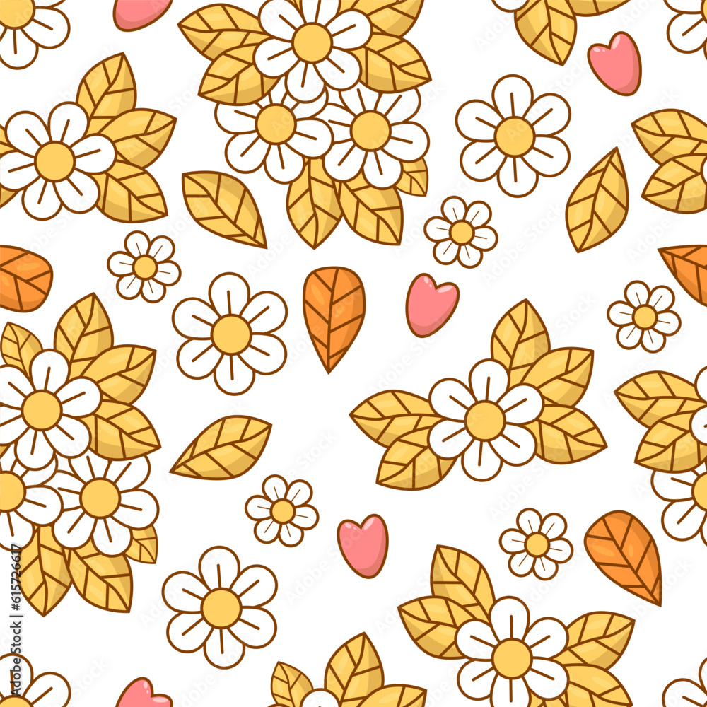 Floral seamless pattern with chamomile flowers on white background. Groovy modern vector Illustration for wallpaper, design, textile, printing, packaging , decor.