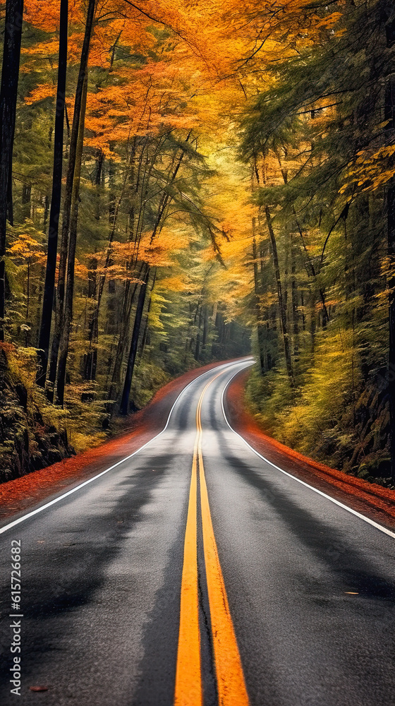 Naklejka premium Empty street in the middle of a beautiful autumn forest. autumn colors, ai generative