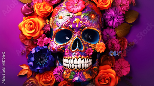 Colorful skull on bright purple background for Day of the Dead, sugar skull decorated flowers, Dia de Muertos