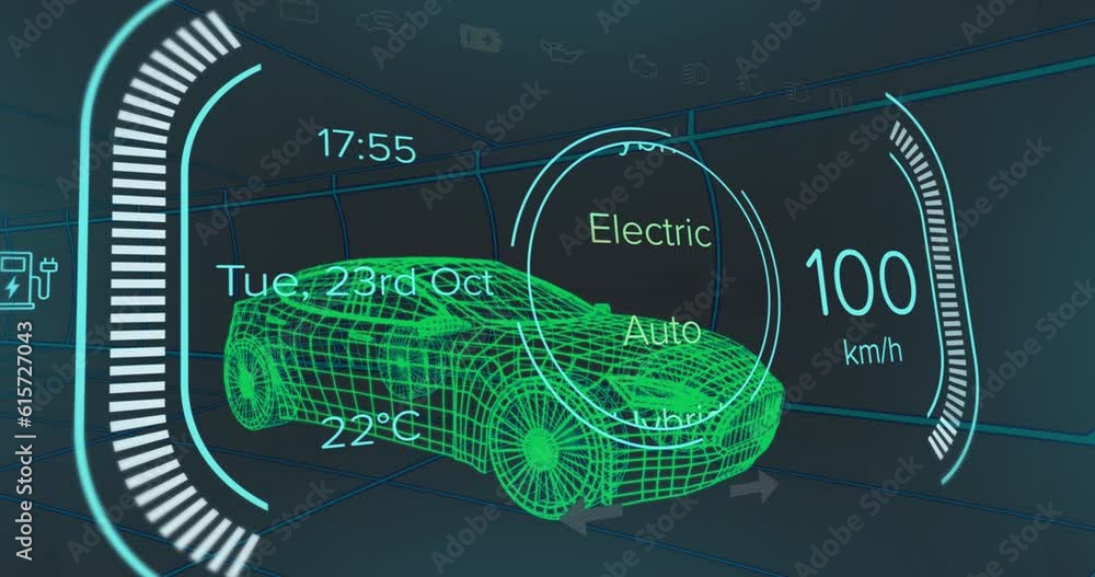 Animation of speedometer with texts, changing numbers over 3d model of ...