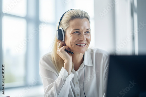 Woman in headphones during video conference. Generative ai 