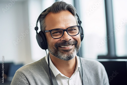 Man in headphones during video conference. Generative ai 