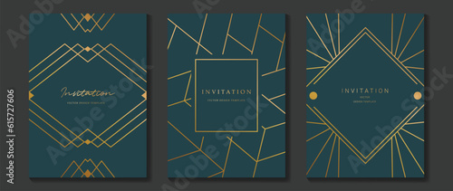 Luxury gala invitation card background vector. Golden elegant geometric shape, gradient gold lines on dark background. Premium design illustration for wedding and vip cover template, grand opening.