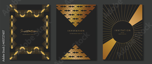 Luxury gala invitation card background vector. Golden elegant geometric shape, gradient gold lines on dark background. Premium design illustration for wedding and vip cover template, grand opening.