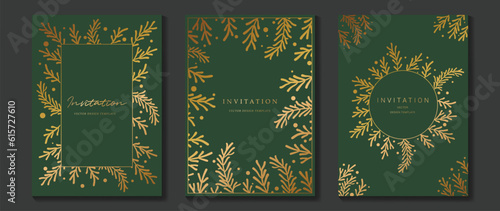 Luxury gala invitation card background vector. Golden elegant geometric shape, gold leaves branch on green background. Premium design illustration for wedding and vip cover template, grand opening.