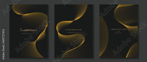 Luxury gala invitation card background vector. Golden elegant geometric pattern, wavy gold line on dark background. Premium design illustration for wedding and vip cover template, grand opening.
