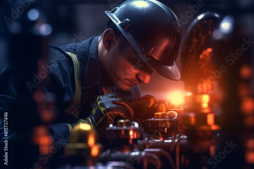 male industrial worker with helmet fixing valve of water pipe with Generative AI