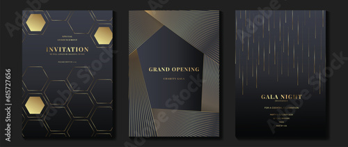 Luxury gala invitation card background vector. Golden elegant geometric shape, gradient gold lines on dark background. Premium design illustration for wedding and vip cover template, grand opening.