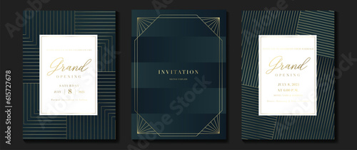 Luxury gala invitation card background vector. Golden elegant geometric shape, gradient gold lines on dark background. Premium design illustration for wedding and vip cover template, grand opening.