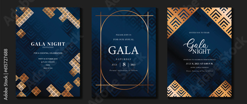 Luxury gala invitation card background vector. Golden elegant geometric pattern,  gold line on dark blue background. Premium design illustration for wedding and vip cover template, grand opening.