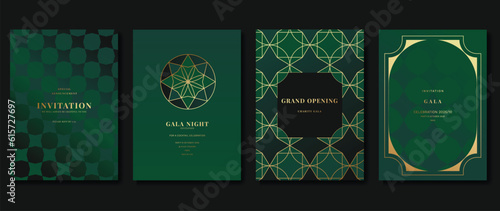 Luxury gala invitation card background vector. Golden elegant geometric shape,  gold sparkle on green background. Premium design illustration for wedding and vip cover template, grand opening.