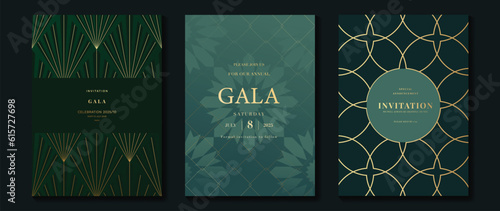 Luxury gala invitation card background vector. Golden elegant geometric shape,  gold flower on green background. Premium design illustration for wedding and vip cover template, grand opening.
