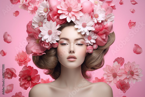 Template collage generated ai picture of luxurious gorgeous lady floral princess advertise apply herbal beauty product shampoo