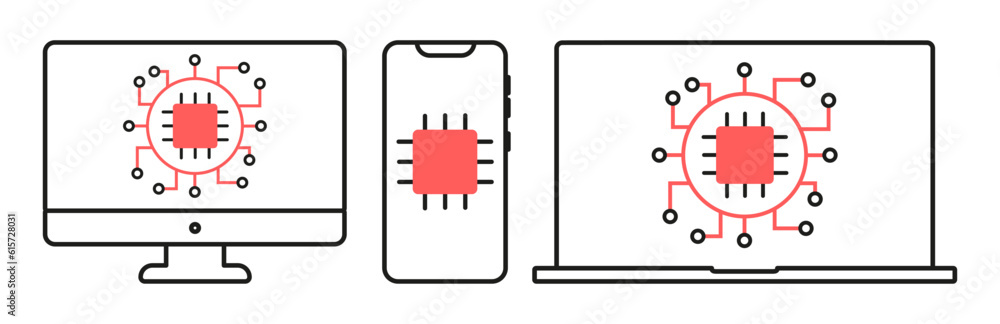 New chip technology for devices. Laptop, computer and phone with updated software New chip technology for devices. Laptop, computer and phone with updated software