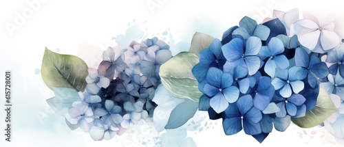 Blue Hydrangea or hortensia watercolor illustration. Flower blossom painting background with place for text. Greeting card, wedding invitation. Botanical design. Generative ai