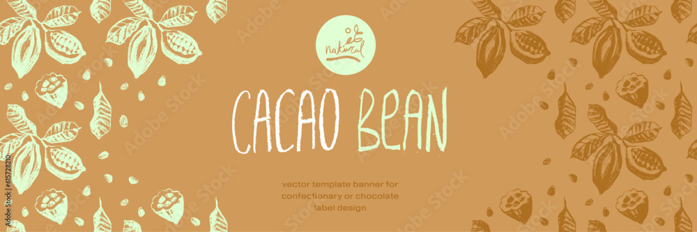 Chocolate banner template with cocoa beans pattern seamless with cacao bean hand drawn illustrations. Chocolate packaging design, cocoa powder label, organic cacao butter backdrop. Cocoa cosmetics. Chocolate banner template with cocoa beans pattern seamless with cacao bean hand drawn illustrations. Chocolate packaging design, cocoa powder label, organic cacao butter backdrop. Cocoa cosmetics.