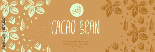 Chocolate banner template with cocoa beans pattern seamless with cacao bean hand drawn illustrations. Chocolate packaging design, cocoa powder label, organic cacao butter backdrop. Cocoa cosmetics.