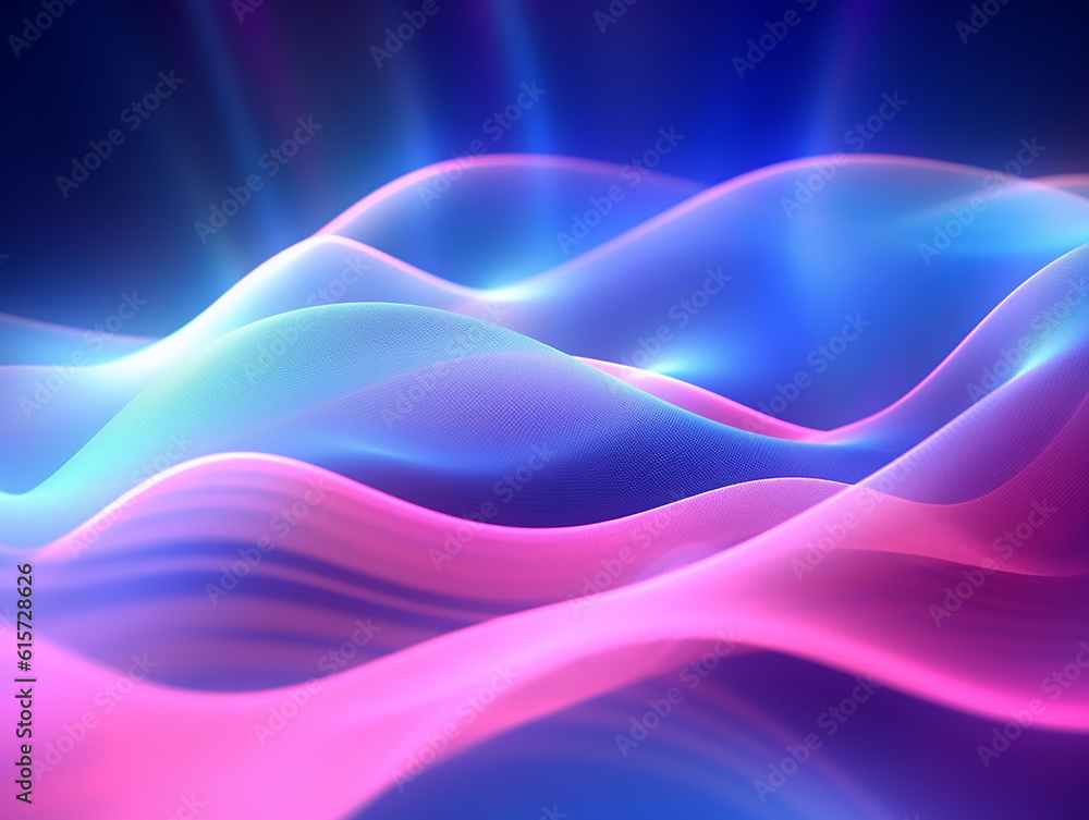 Fototapeta premium Blue pink glow waves, in the style of dotted, 3d space, abstract blue lights, streamlined design, rhythmic lines, lens flare, stockphoto, backlight, no text on the picture