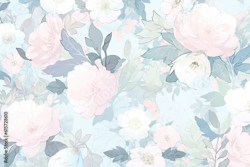 Abstract floral pattern. Blooming flowers on light background. Pale colors. Generative AI