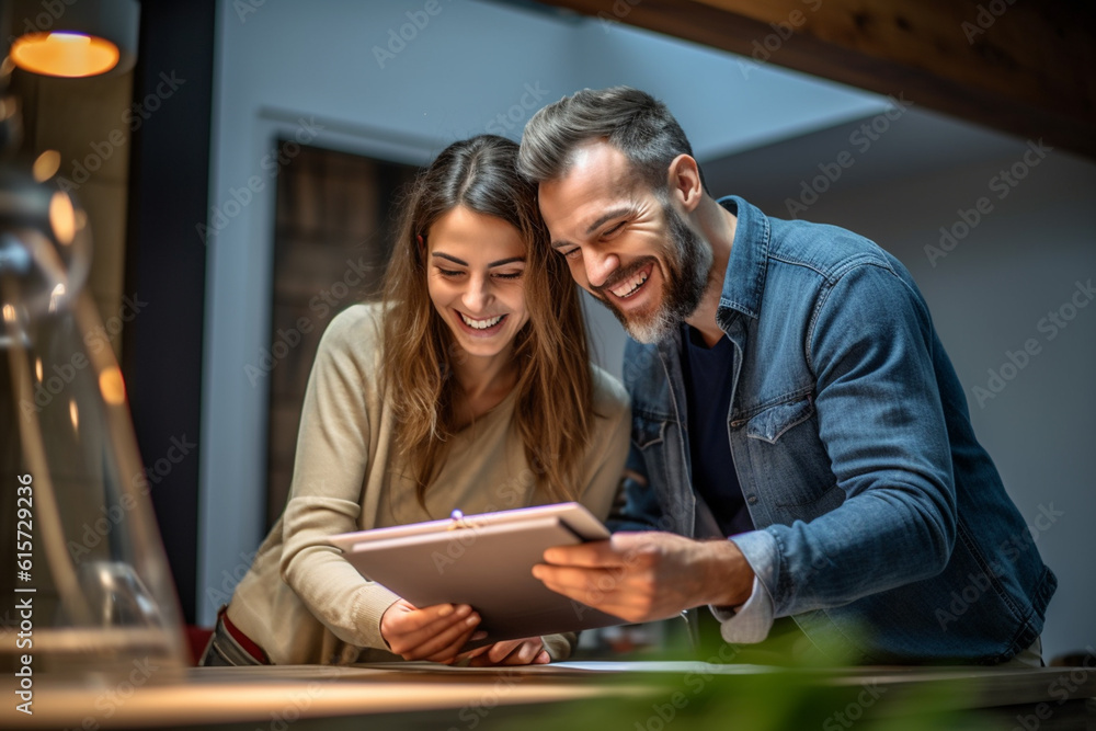 happy couple checking the clipboard at a home improvement with Generative AI