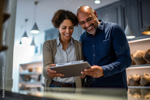 happy couple checking the clipboard at a home improvement with Generative AI