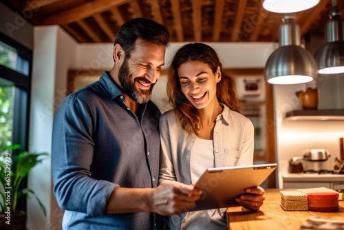 happy couple checking the clipboard at a home improvement with Generative AI