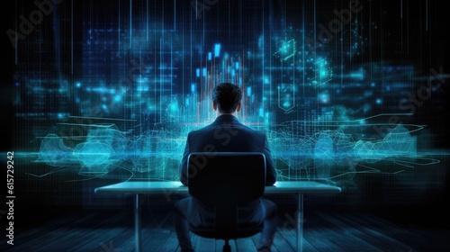 the businessman is sitting at the virtual graph table and making financial analysis Created With Generative AI Technology