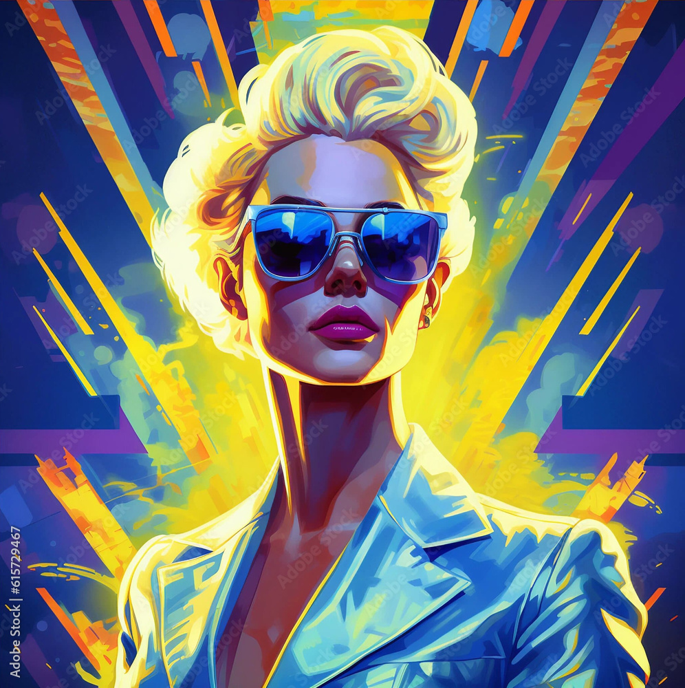 A Retro Seventies or Eighties Painting of a Stylish Woman Wearing Sunglasses Generative AI A Retro Seventies or Eighties Painting of a Stylish Woman Wearing Sunglasses Generative AI