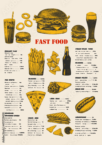 Fast Food Menu. Hand-drawn illustration of dishes and products. Ink. Vector 