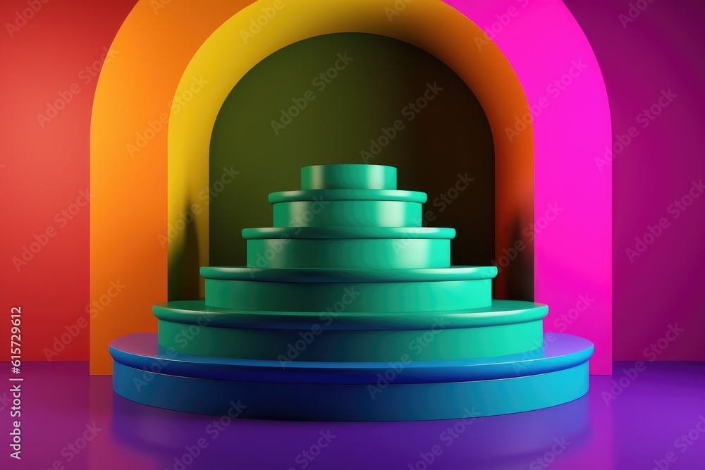 Colourful podium with lighting. Stand wall scene colourful podium background, geometric shape for product display presentation. Minimal scene for mockup products, stage showcase, promotion display. Colourful podium with lighting. Stand wall scene colourful podium background, geometric shape for product display presentation. Minimal scene for mockup products, stage showcase, promotion display.